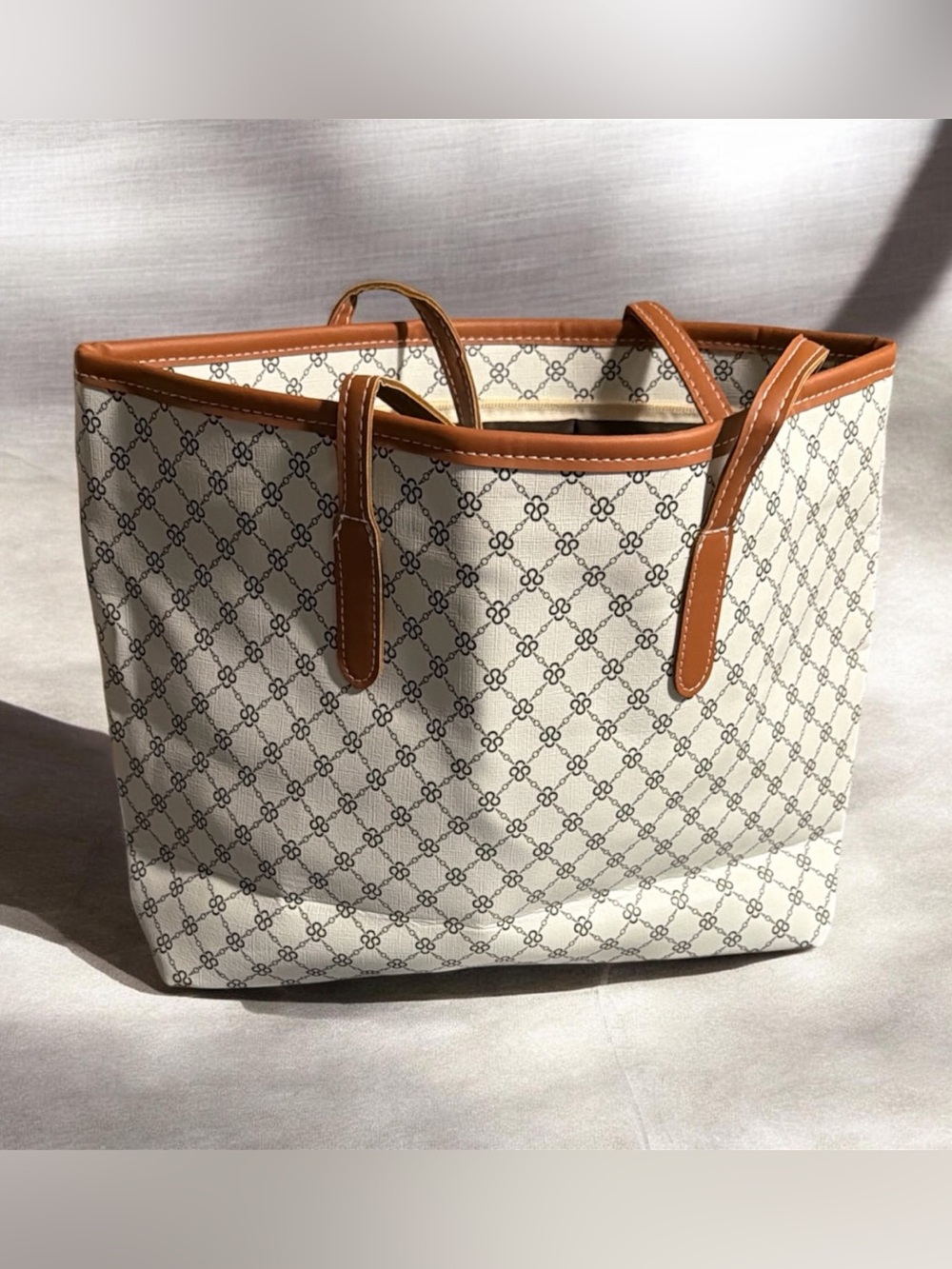 White Tote Bag with Brown Trim - Classic Neutral Carryall